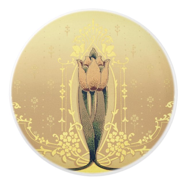 Pomo De Cerámica Art Nouveau tulipán floral rosa y dorado elegante (Anverso)