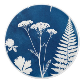 Pomo De Cerámica Arte botánico de helecho con cianotipia azul añil 