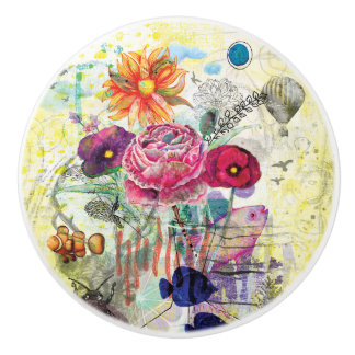 Pomo De Cerámica Arte de collage de medios mixtos caprichoso