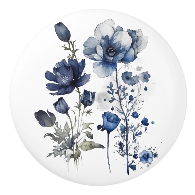 Pomo De Cerámica Arte de estilo Delft azul y blanco con flores silv (Anverso)