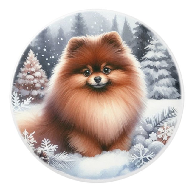 Pomo De Cerámica Arte de invierno de Cute Brown Pomeranian (Anverso)