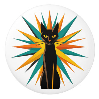 Pomo De Cerámica Arte Deco Estrella Explosiva Gato Naranja y Verde