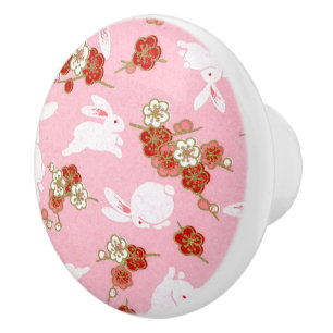 Pomo De Cerámica Arte japonés: Sakuras rosadas y Conejos, cerámic
