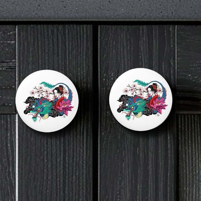 Pomo De Cerámica Asian Geisha Dragon Cherry Blossoms Blue (Subido por el creador)