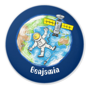 Pomo De Cerámica Astronauta divertido en el espacio y dibujo animad