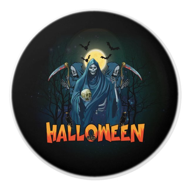 Pomo De Cerámica Asustada Noche de Skeleton Halloween, mi estado de (Anverso)