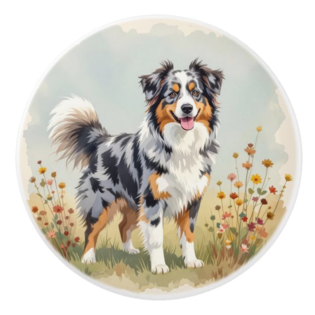 Pomo De Cerámica Australian Shepherd Dog Merle Long Tail (Anverso)