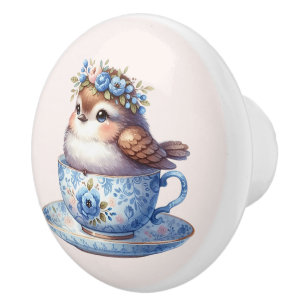Pomo De Cerámica Ave dulce en el arte floral de la teacup Cottageco