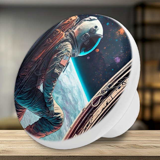 Pomo De Cerámica Aventura astronauta (Ceramic Knob - Artistic Rendering of Astronaut in Space - Accent for Kids Room)