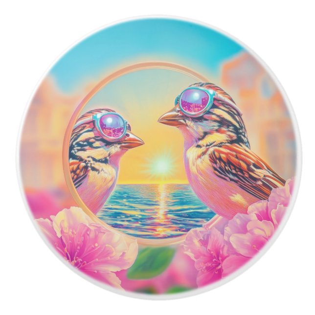 Pomo De Cerámica Aves Guay con gafas de sol al atardecer (Anverso)