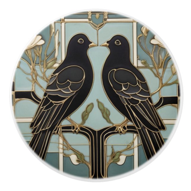 Pomo De Cerámica Aves negras Art Nouveau Bird Art Deco palomas palo (Anverso)