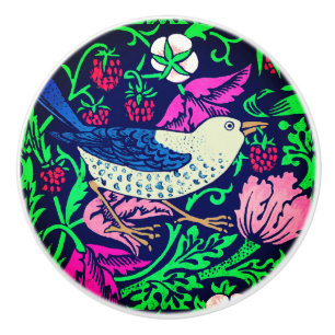 Pomo De Cerámica Aves y flores William Morris, Marina y Fuchsia