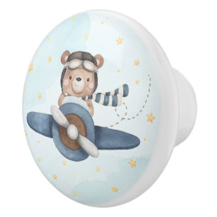 Pomo De Cerámica Aviación de aventuras Avión Cute Oso Azul