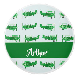 Pomo De Cerámica Aviones voladores verdes sobre azul