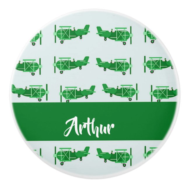 Pomo De Cerámica Aviones voladores verdes sobre azul (Anverso)