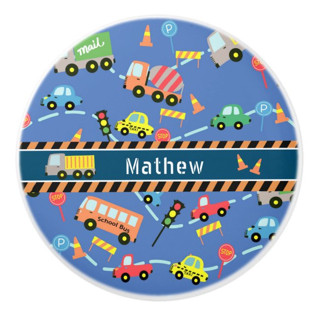 Pomo De Cerámica Azul de los chicos de transporte (Anverso)