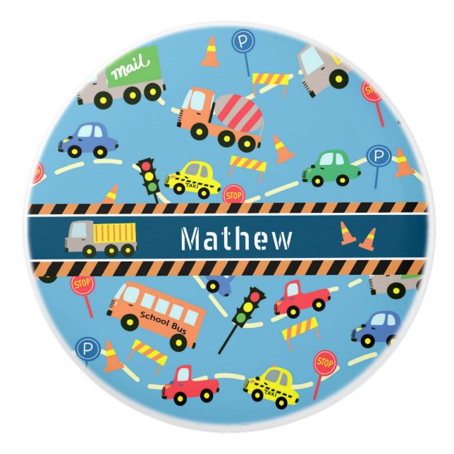 Pomo De Cerámica Azul de los chicos de transporte (Anverso)