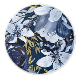 Pomo De Cerámica Azul Marino y Dorado Floral Acuarela Moderna Elega