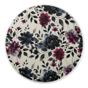 Pomo De Cerámica Azul Medianoche Borgoña Tinta Floral Almendra Beig