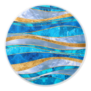 Pomo De Cerámica Azul Oceánico Dorado Metálico Ondulado Abstracto