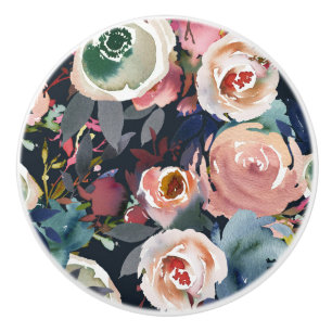 Pomo De Cerámica Azul Oscuro y Rosa Beige Acuarela Floral Chic