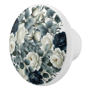 Pomo De Cerámica Azul oscuro y verde floral moderno 