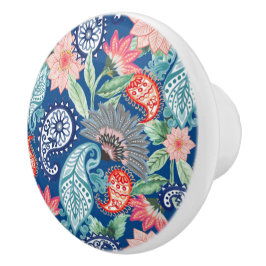 Pomo De Cerámica Azul Real Turquesa Naranja Floral Vintage Paisley