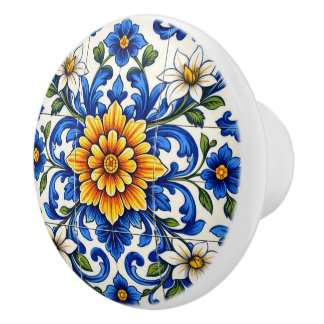 Pomo De Cerámica Azul Sol Flor 