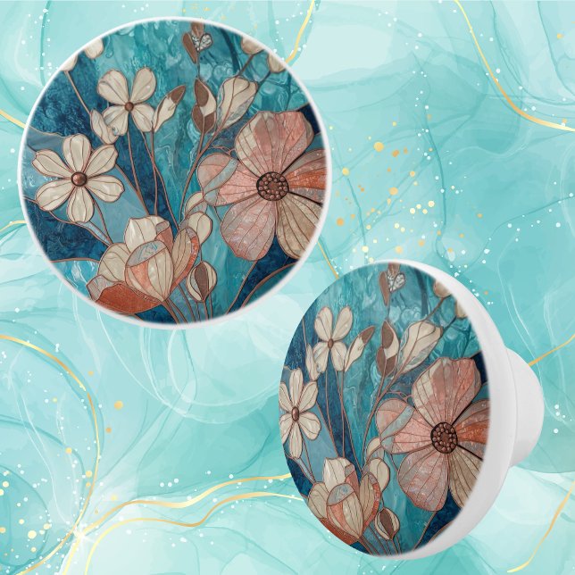 Pomo De Cerámica Azul Turquesa Crema Floral Cobre (Subido por el creador)