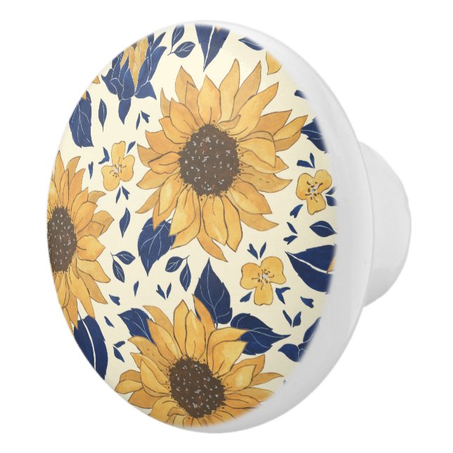 Pomo De Cerámica Azul y amarillo, girasoles (Derecha)