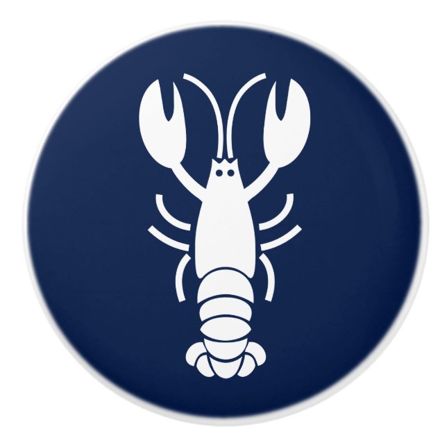 Pomo De Cerámica Azul y blanco, langosta, náutica, Coastal (Anverso)