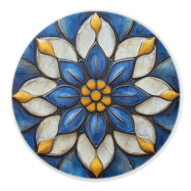 Pomo De Cerámica Azulejo floral Blanco azul y amarillo (Anverso)