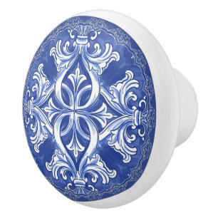 Pomo De Cerámica Azulejo Maiolica Capri Azul Delft y Blanco