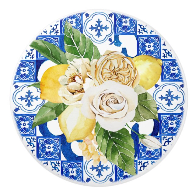 Pomo De Cerámica Azulejos azules de Sicilia con limones  (Anverso)