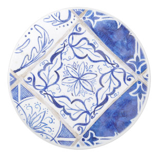 Pomo De Cerámica Azulejos blancos azules de hoja rústica vintage