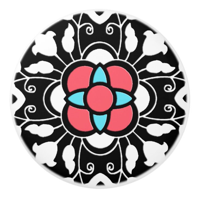 Pomo De Cerámica Azulejos florales marroquíes, negros, blancos y ro (Anverso)