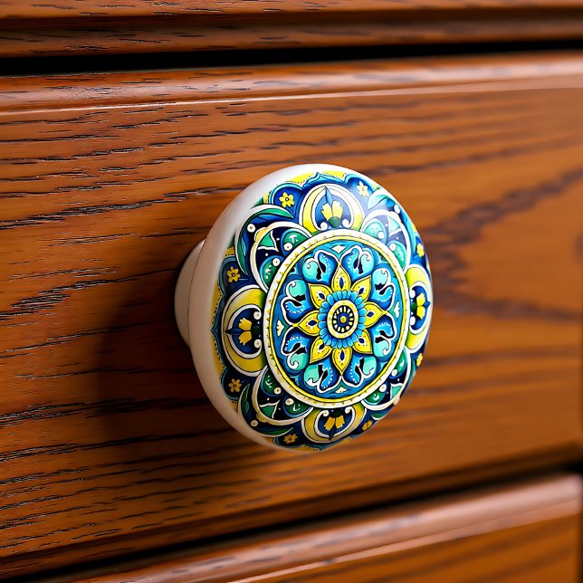 Pomo De Cerámica 💙 💛 Azulejos Sevilla Bloom (Azulejos Seville Bloom Ceramic Knob)