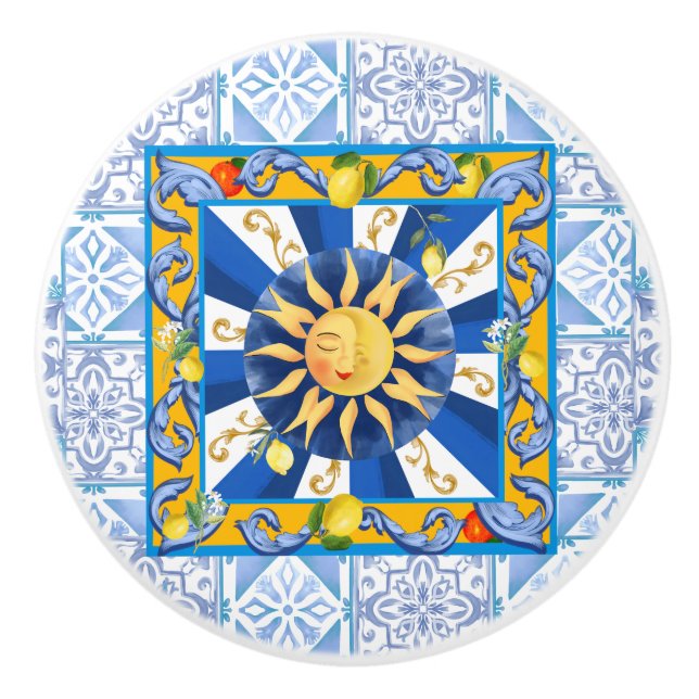 Pomo De Cerámica Baldosas azules,Sol siciliano,mosaico,majólica,lim (Anverso)