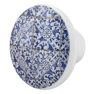 Pomo De Cerámica Baldosas portuguesas - Azulejo Floral azul y blanc