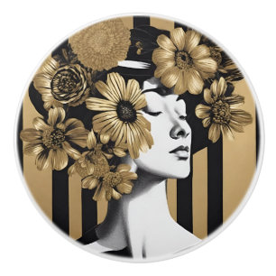 Pomo De Cerámica Bandas de oro negro Flores de mujer tirada de cerá