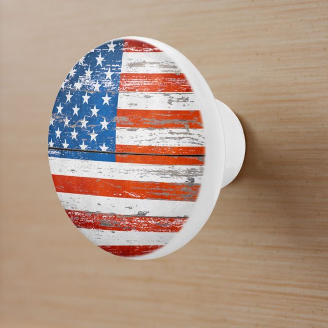 Pomo De Cerámica Bandera estadounidense patriótica rusa estadounide (Rustic United States American Patriotic USA Flag Ceramic Knob)
