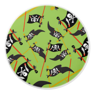 Pomo De Cerámica Bandera pirata verde negro Calaveras Huesos blanco