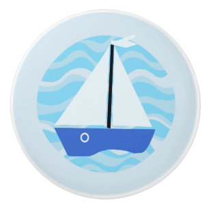 Pomo De Cerámica Barco azul en las olas del océano