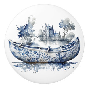 Pomo De Cerámica Barco de estilo Delft azul y blanco con escena en 