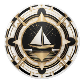 Pomo De Cerámica Barco de vela Art Deco Blanco negro y Náutico de o