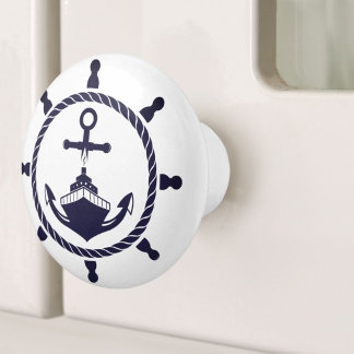 Pomo De Cerámica Barco náutico de la playa azul costera Helm Nautic