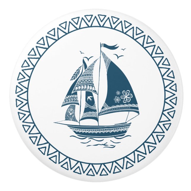 Pomo De Cerámica Barco Náutico de Vino Azul (Anverso)