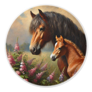 Pomo De Cerámica Bay Mare con pintura de Foal Wildflowers