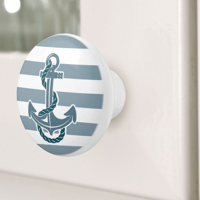 Pomo De Cerámica Beach Coastal Blue Stripes Anchor Nautical (Beach Coastal Blue Stripes Ship Anchor Nautical Ceramic Knob)