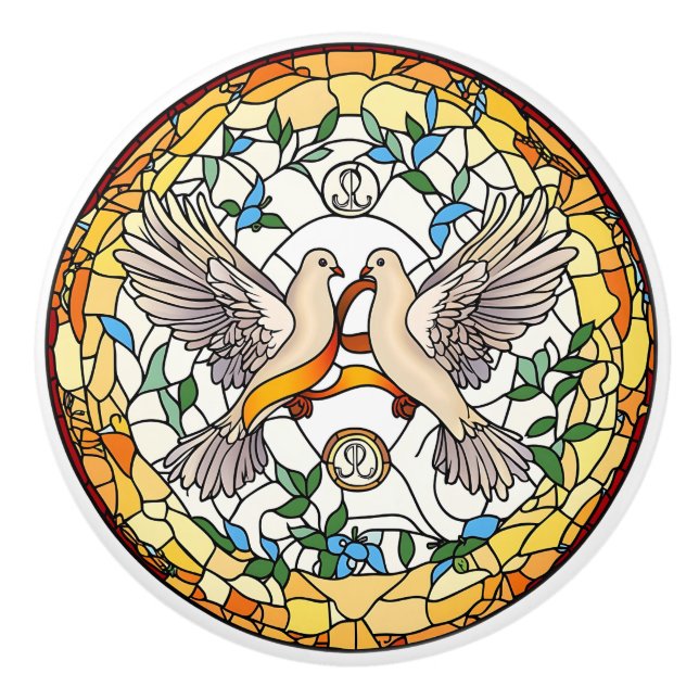 Pomo De Cerámica Beautiful Doves Stained Glass Look (Anverso)